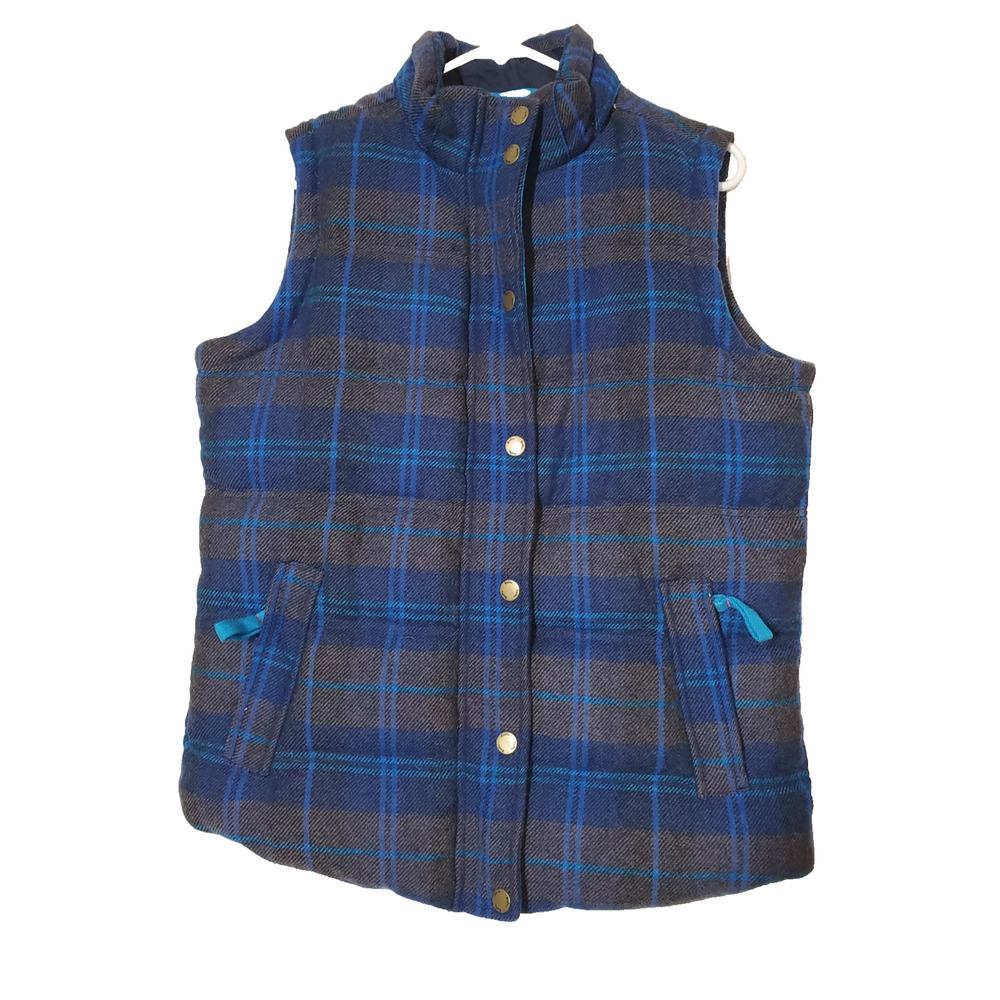 Boden Pembroke Wool Plaid Vest‎ Jacket Blue Womens 8 Medium Snap Front DOWN FILL